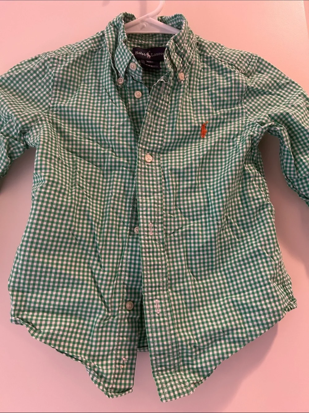 Ralph Lauren Green Gingham Button-Down Shirt long sleeve embroider logo size 3T